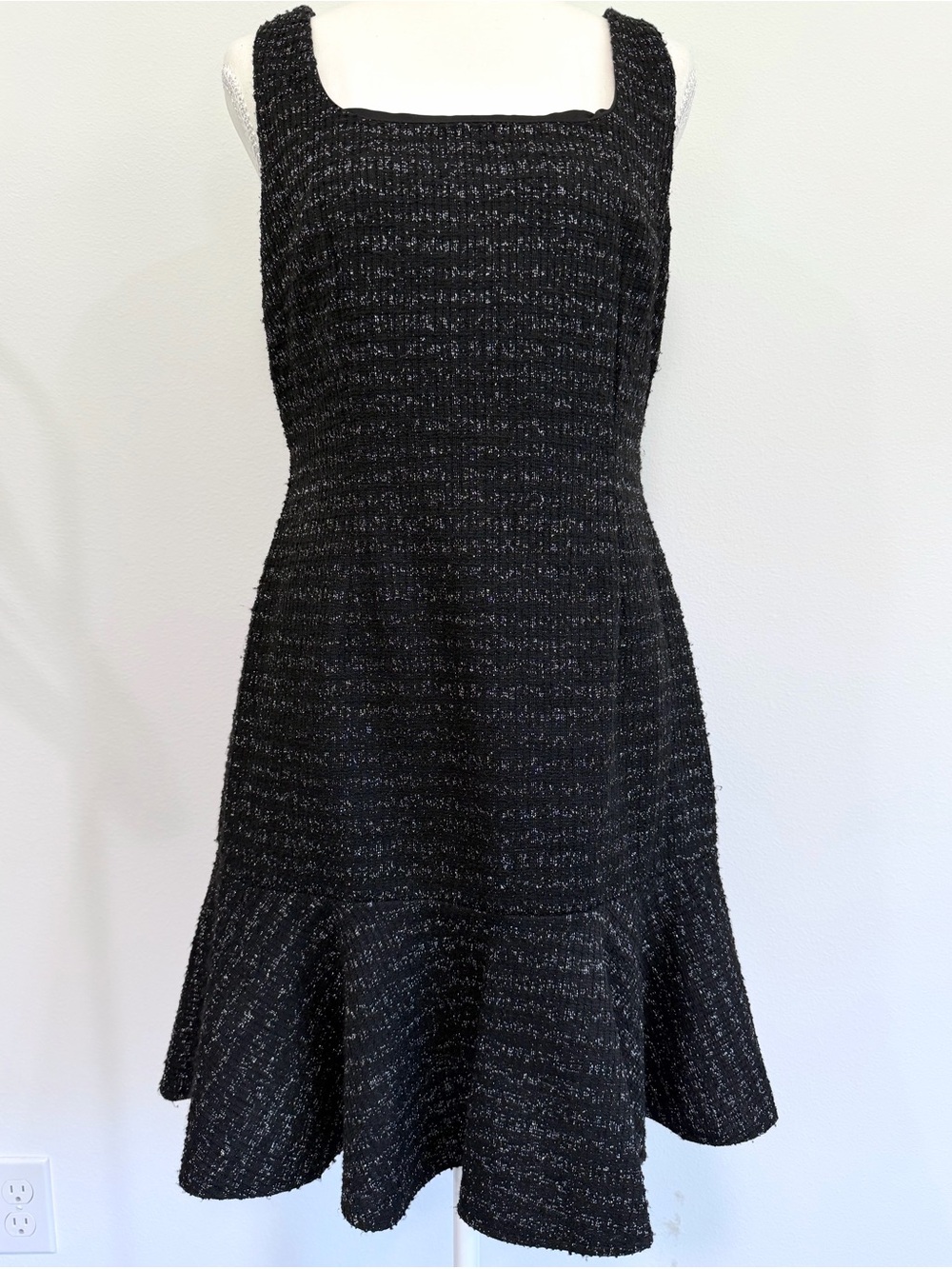 Taylor Black Silver Metallic Textured Tweed Fit and Flare Flounce Dress Size 8